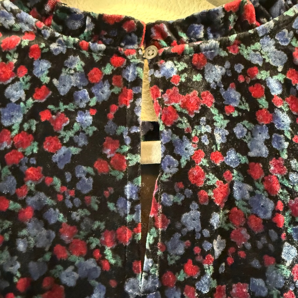 Gap Womens Floral‎ Velvet Puff Sleeve Mock Neck Ruffle Blouse Blue Red Black M - Picture 9 of 13